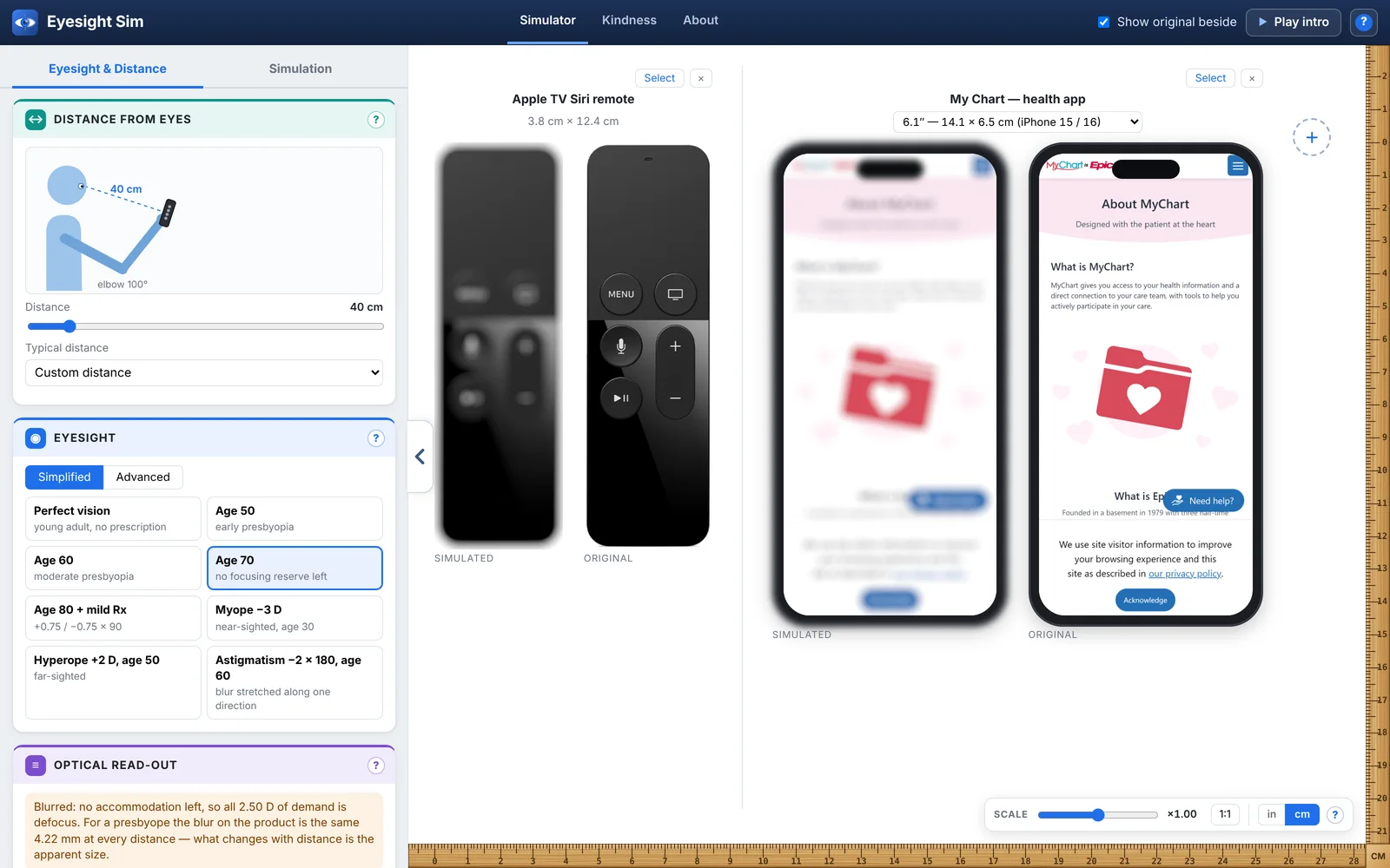 Eyesight Sim: an Apple TV remote and the MyChart health app at 40 cm, simulated for age 70 next to the originals