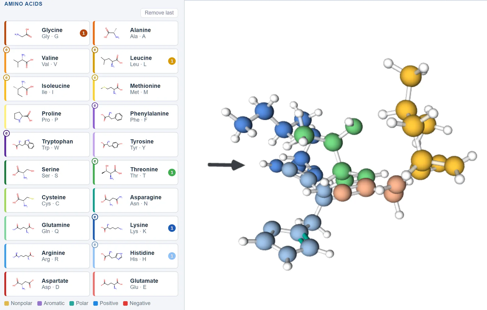 The amino acid panel next to a growing protein chain in 3D