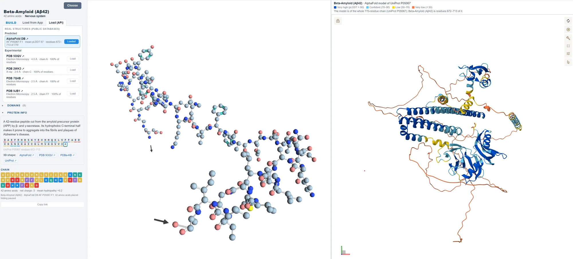Beta-amyloid (Aβ42) folded in the app, next to the AlphaFold model of its parent protein
