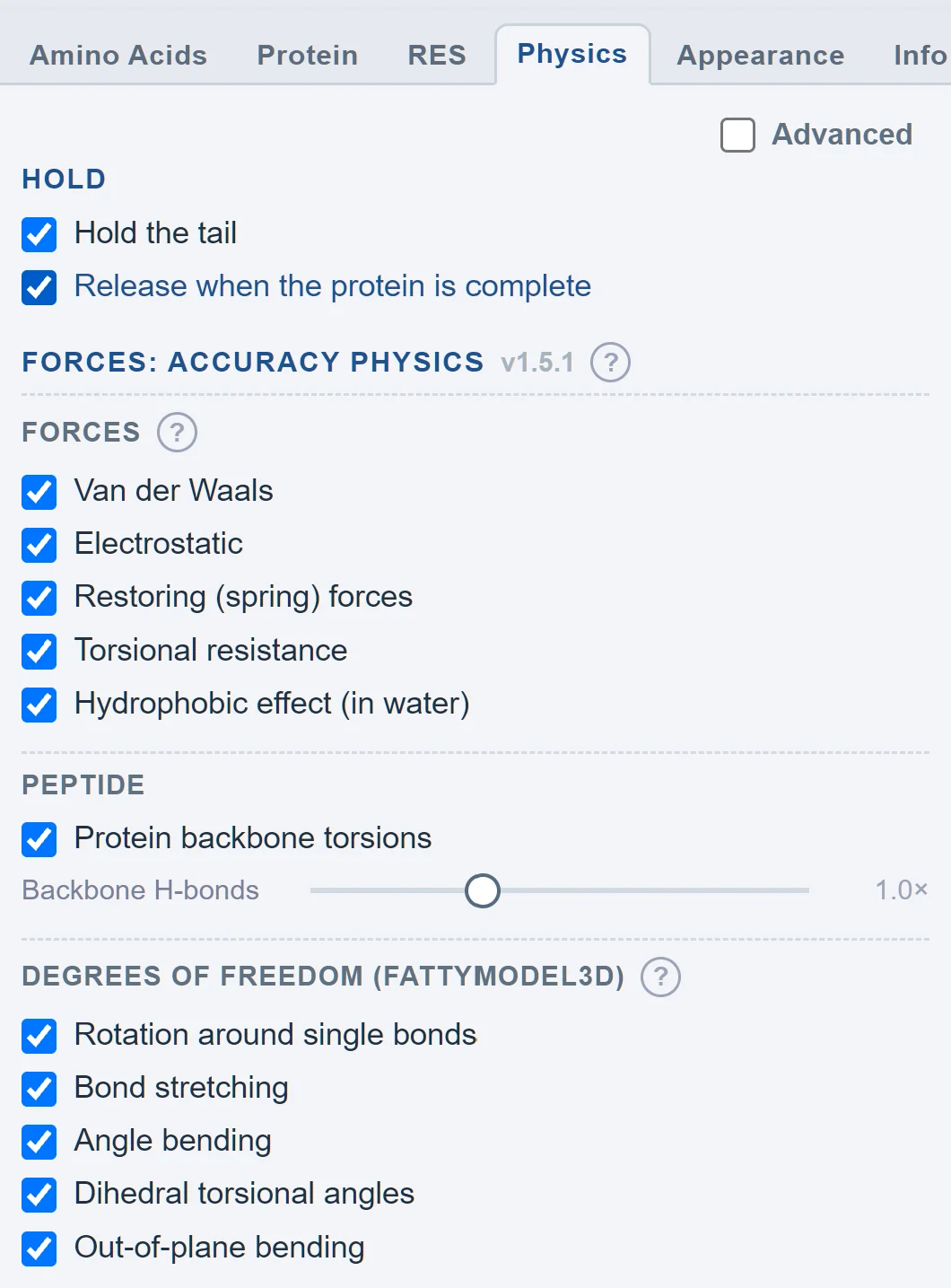 Physics settings: hold, forces, peptide and degrees of freedom