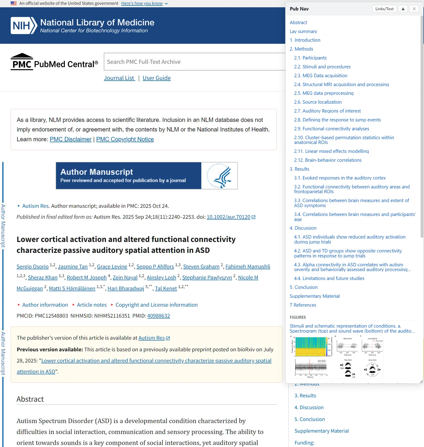 Pub Nav panel open on a PubMed Central article: a full index of sections and sub-sections, followed by a figures index with thumbnails